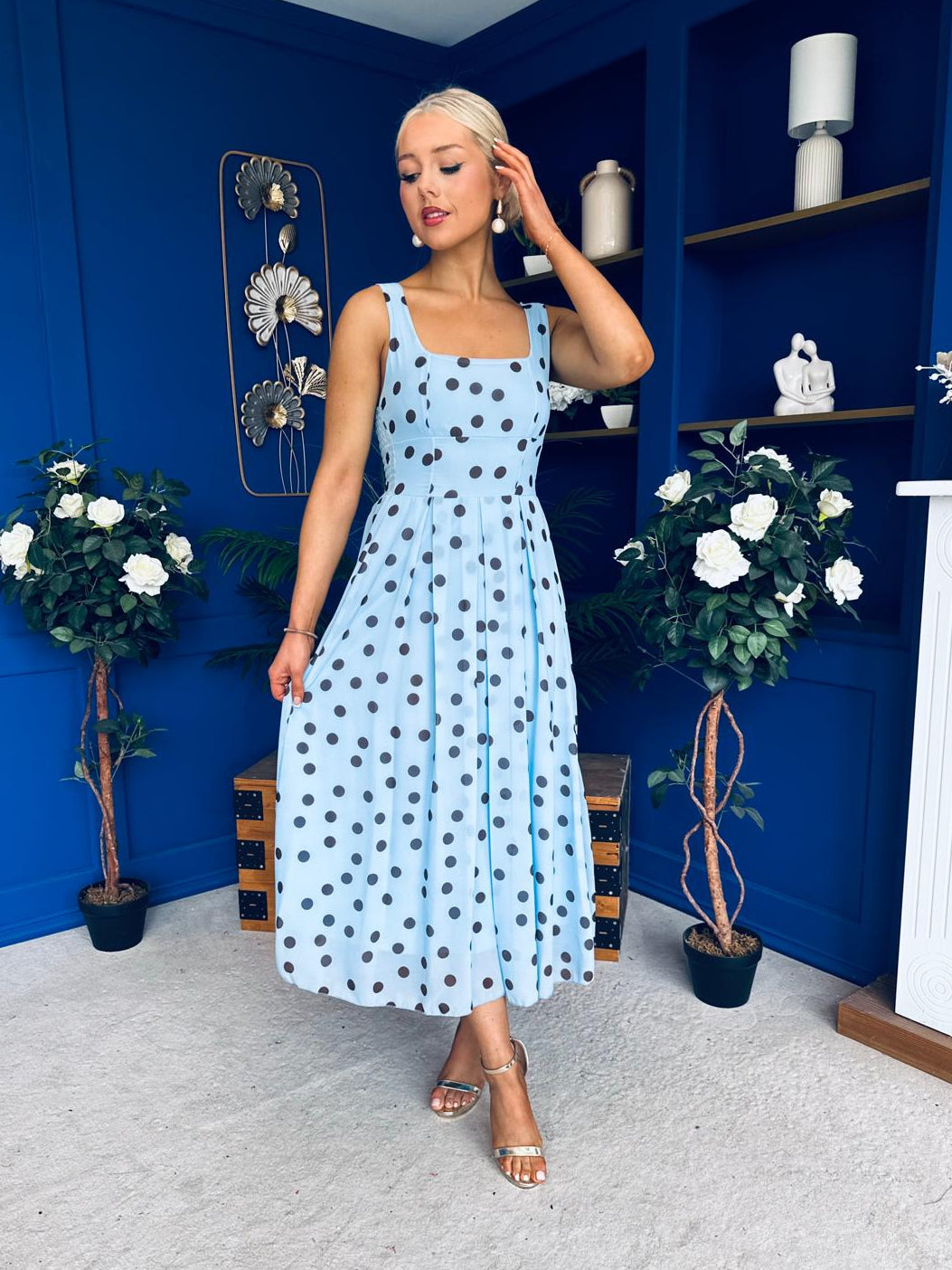 Nadia Sleeveless Midi Dress Polka Blue
