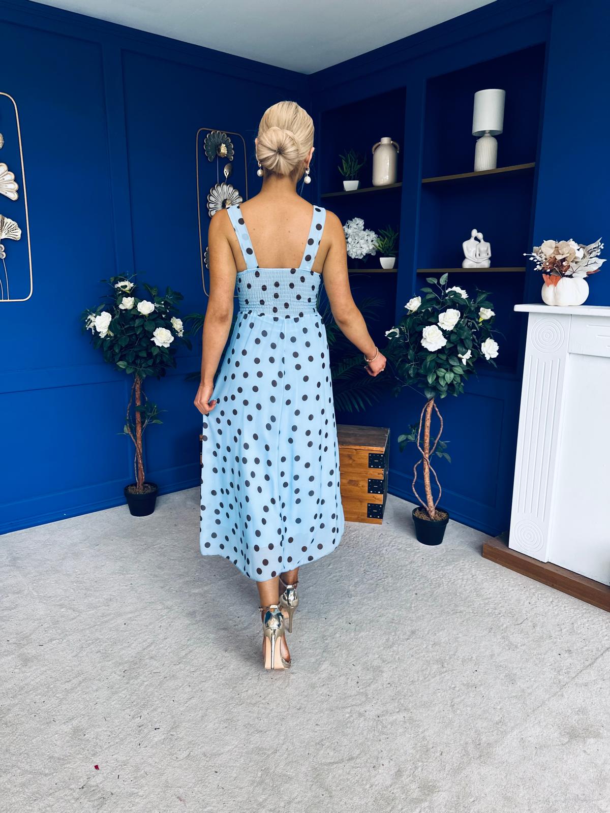 Nadia Sleeveless Midi Dress Polka Blue