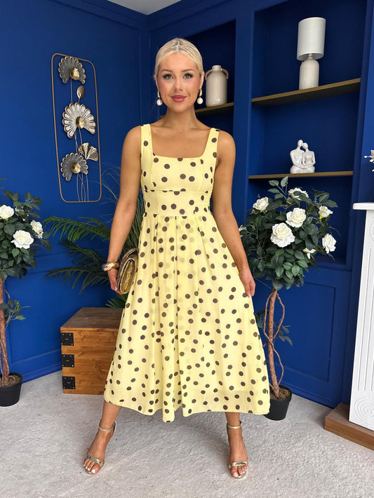 Nadia Sleeveless Midi Dress Polka Yellow