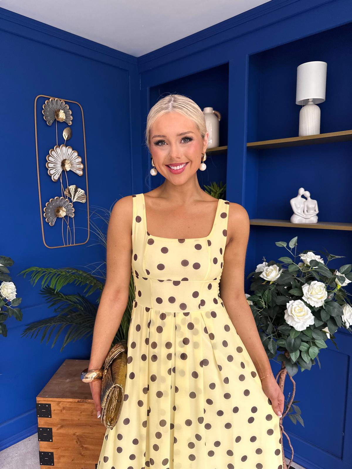 Nadia Sleeveless Midi Dress Polka Yellow