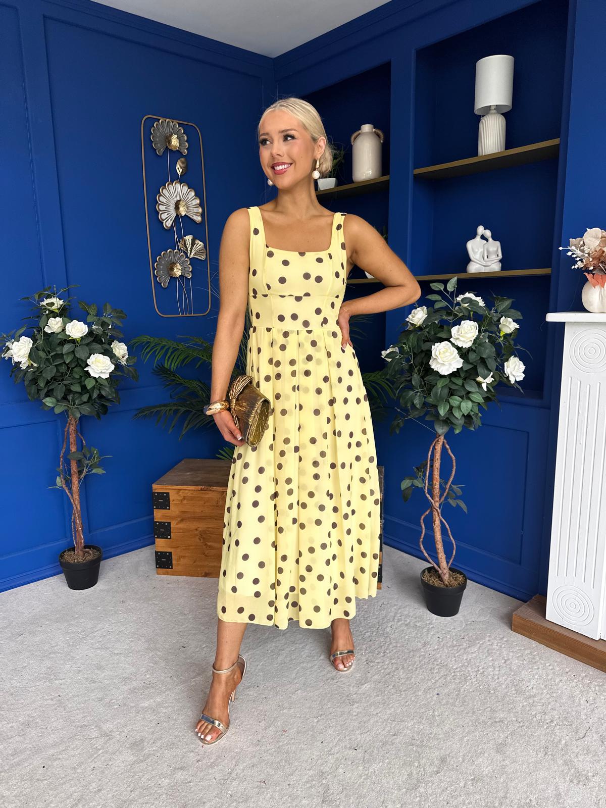 Nadia Sleeveless Midi Dress Polka Yellow