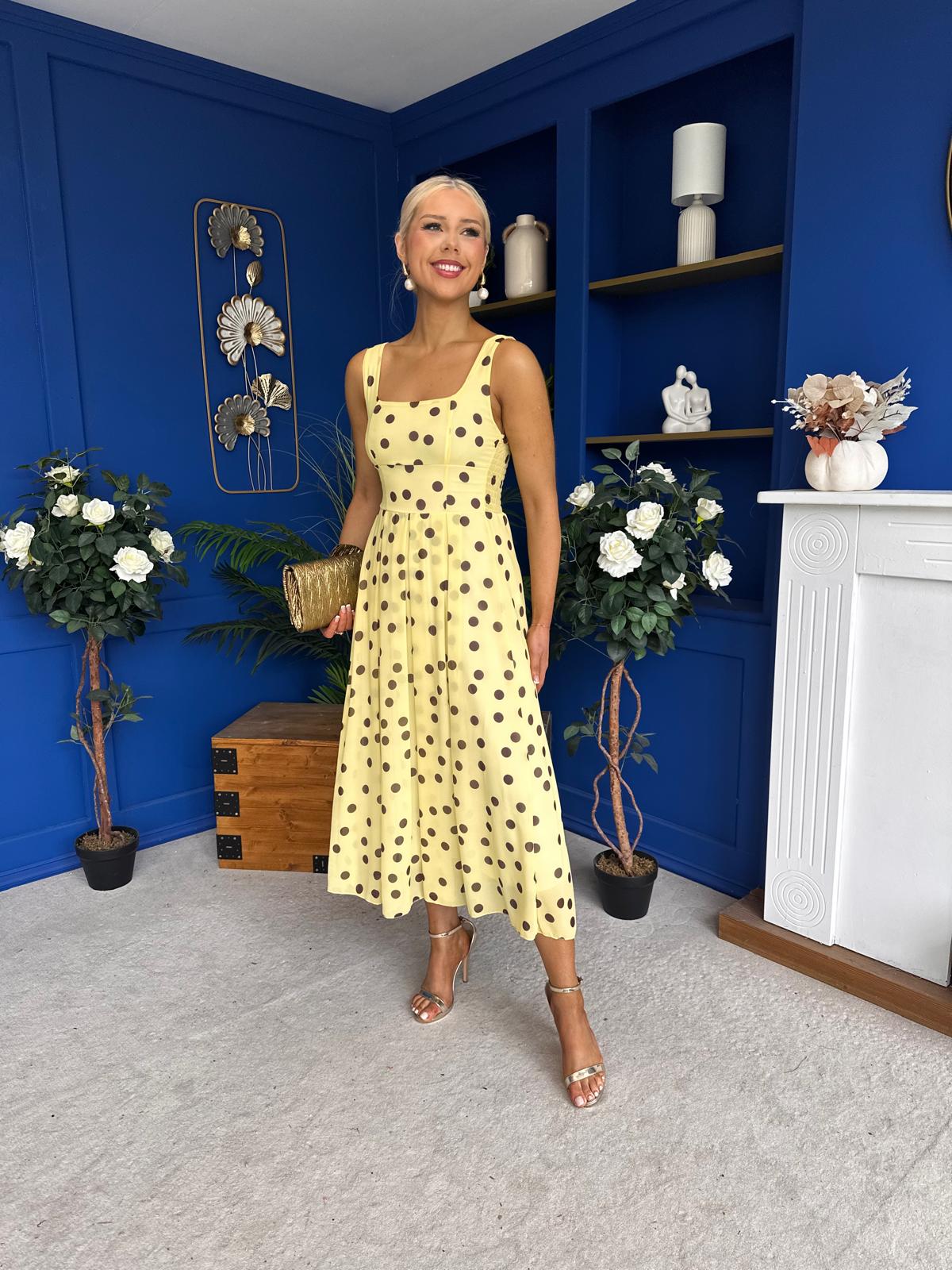 Nadia Sleeveless Midi Dress Polka Yellow
