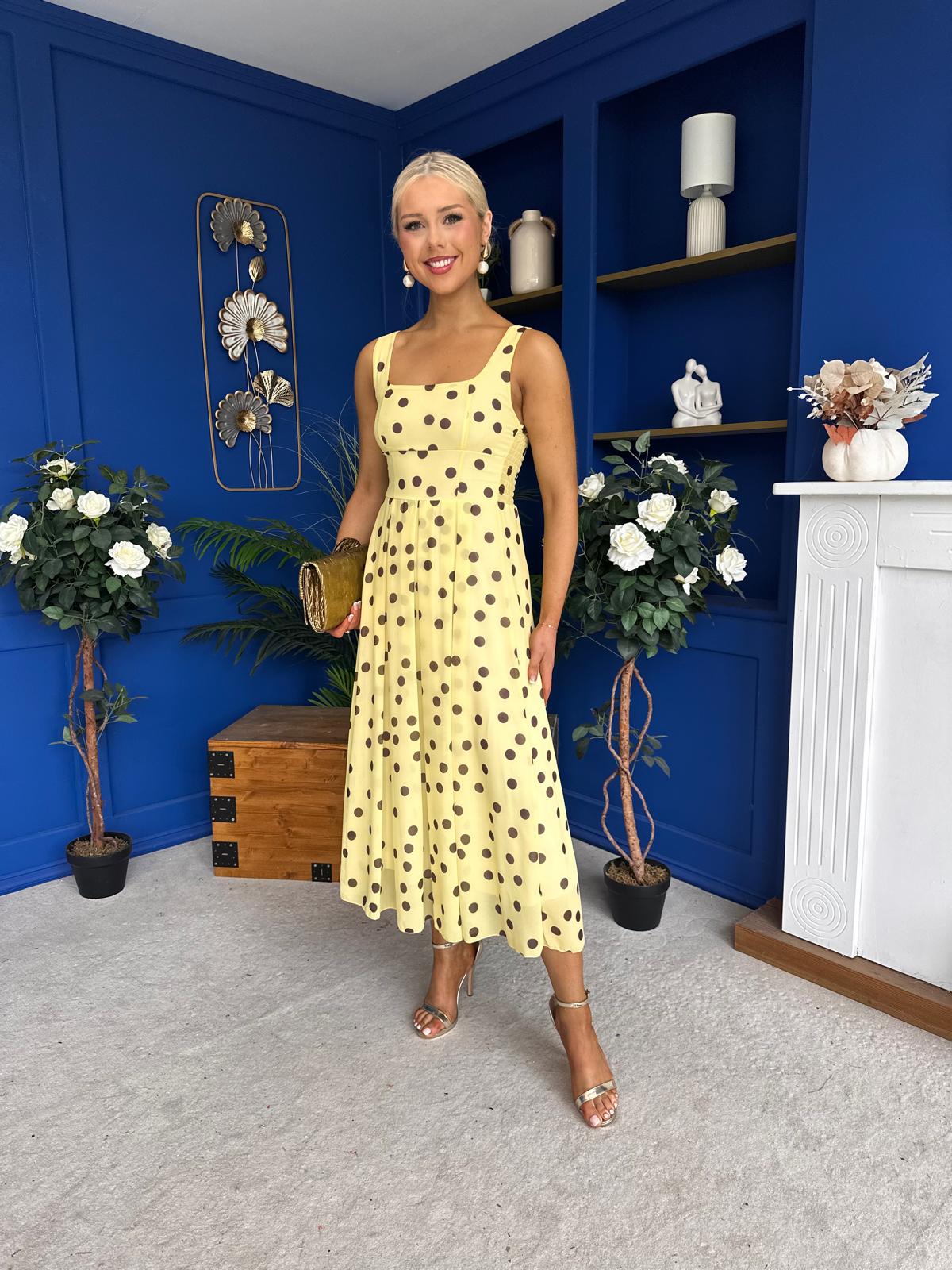 Nadia Sleeveless Midi Dress Polka Yellow
