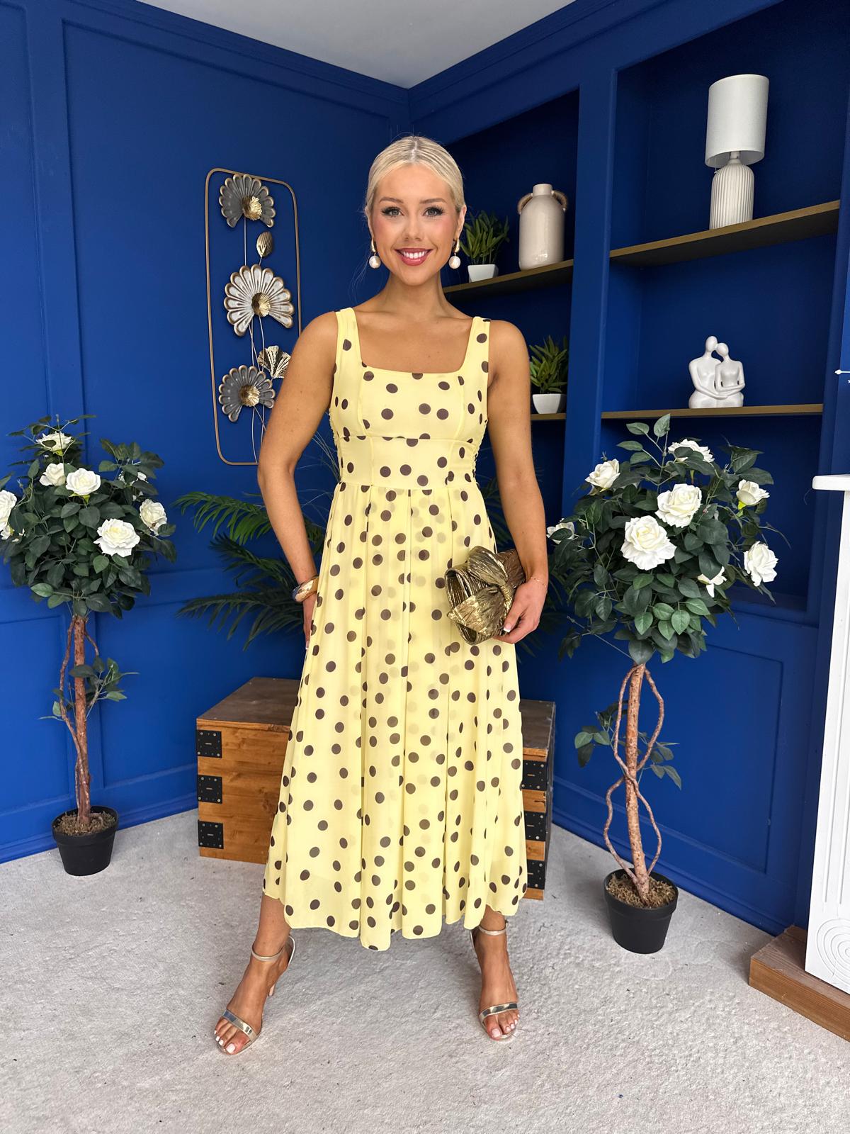 Nadia Sleeveless Midi Dress Polka Yellow