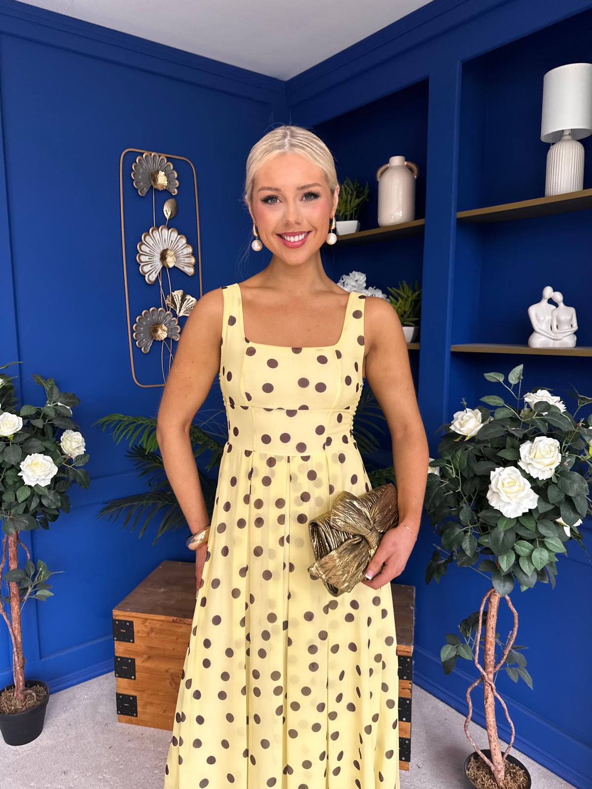Nadia Sleeveless Midi Dress Polka Yellow