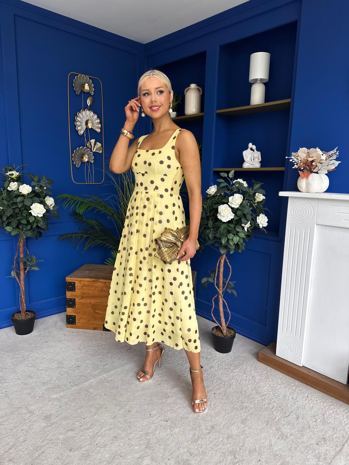 Nadia Sleeveless Midi Dress Polka Yellow