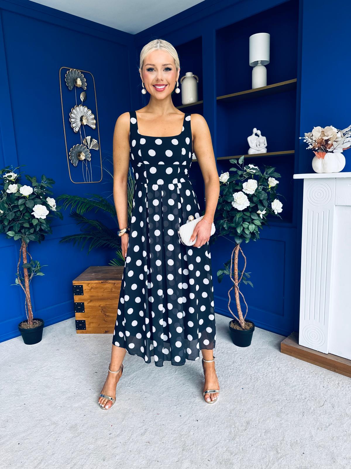 Nadia Sleeveless Midi Dress Polka Black