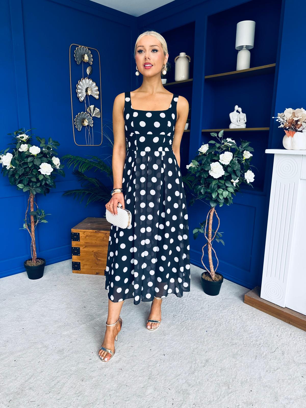 Nadia Sleeveless Midi Dress Polka Black
