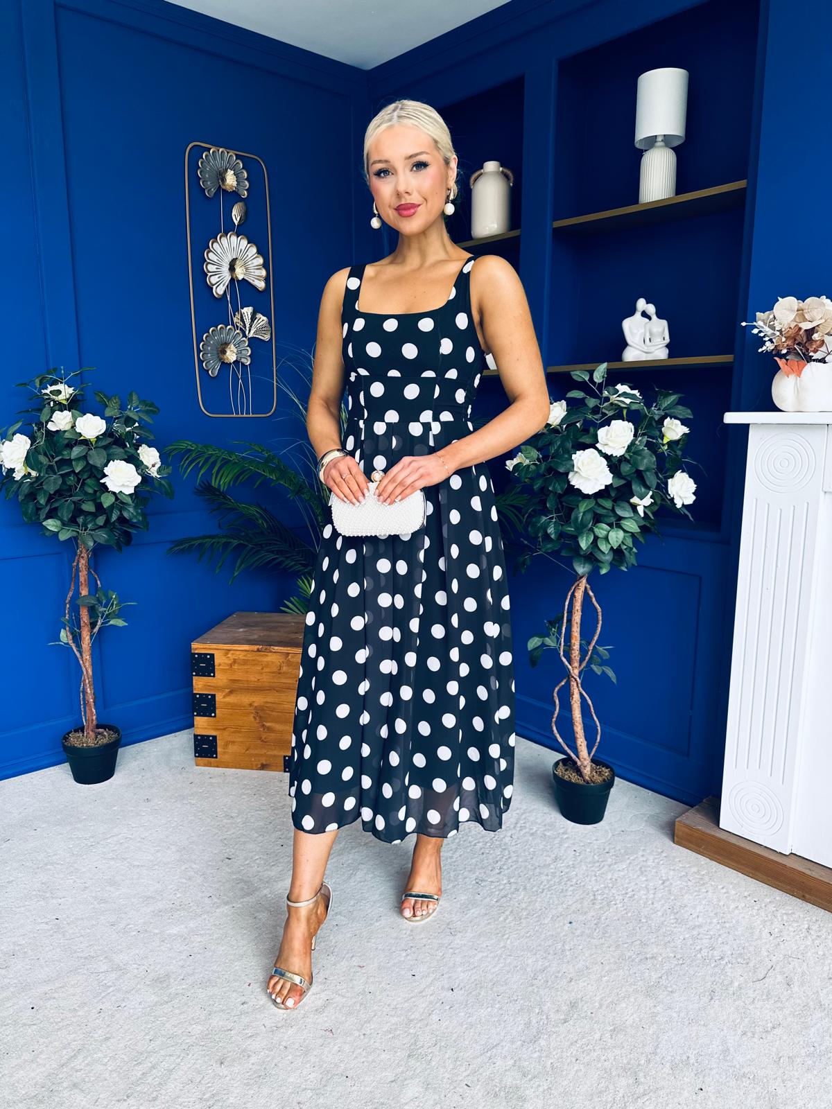 Nadia Sleeveless Midi Dress Polka Black