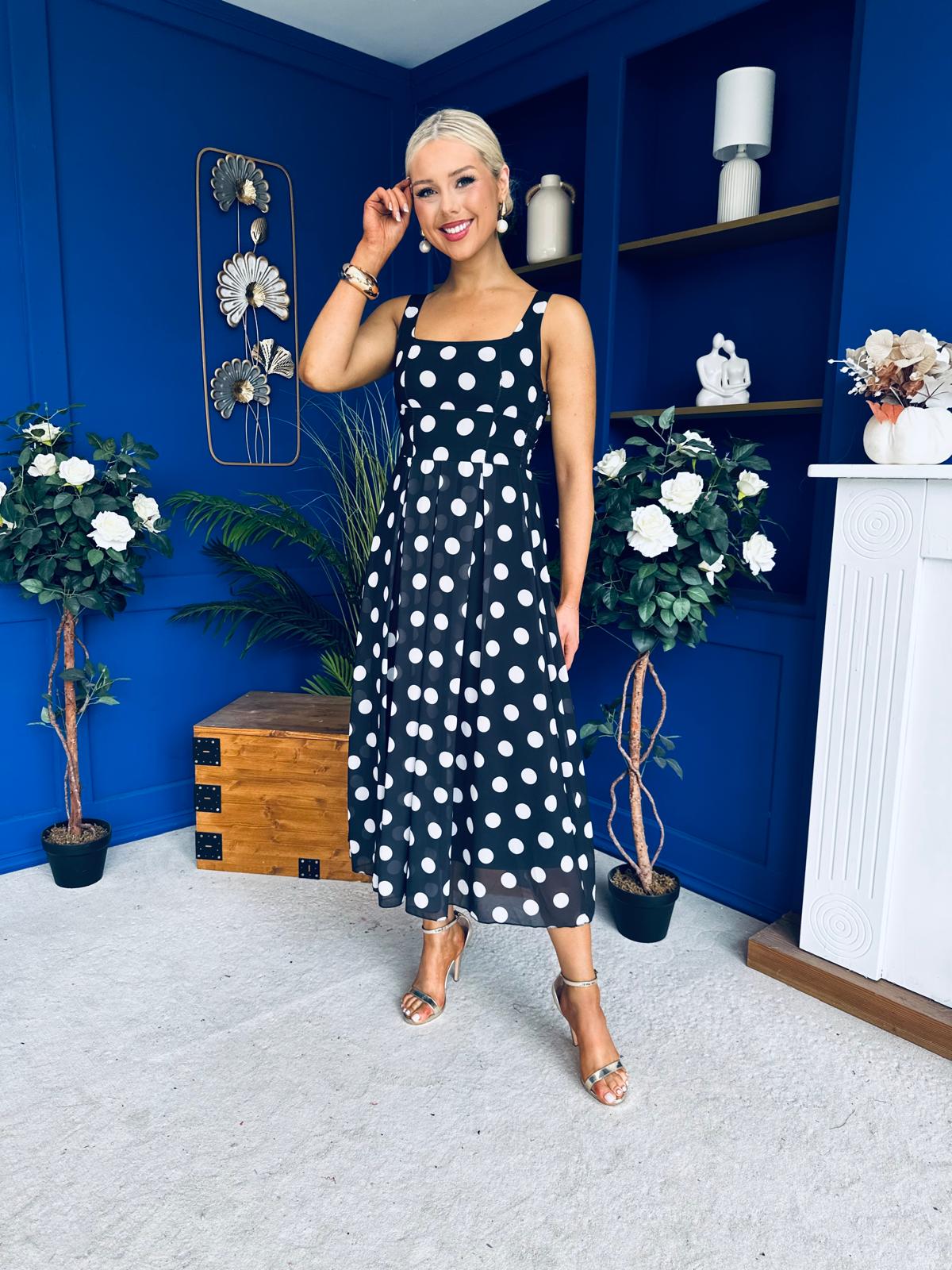 Nadia Sleeveless Midi Dress Polka Black