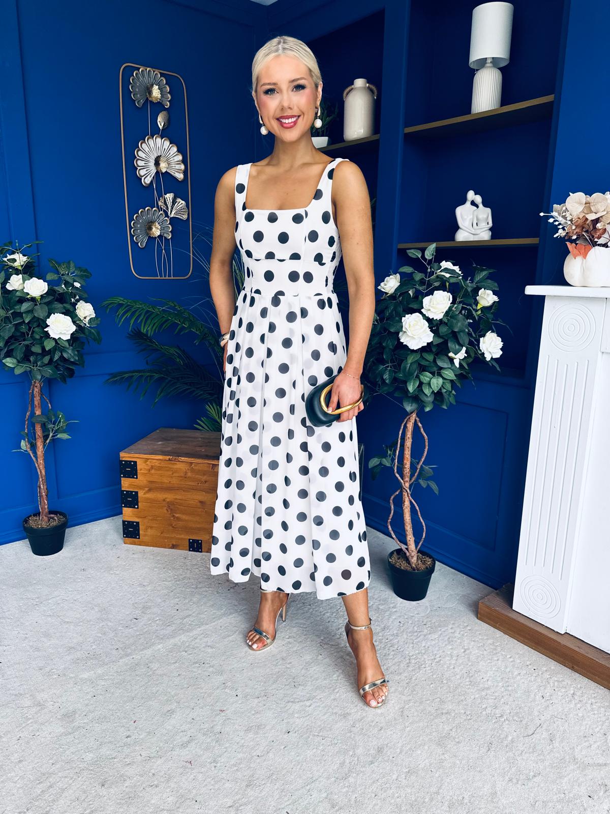 Nadia Sleeveless Midi Dress Polka White