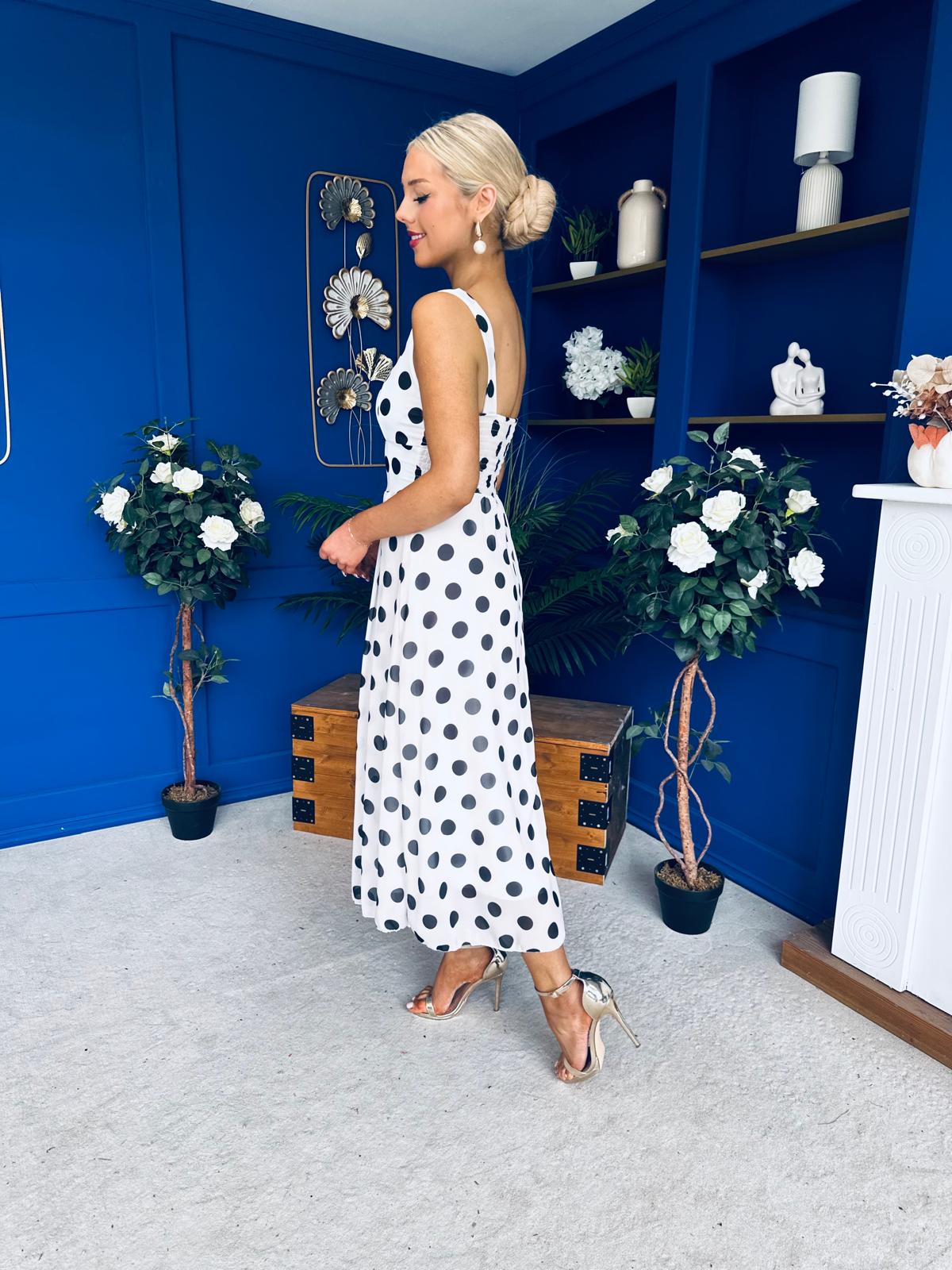 Nadia Sleeveless Midi Dress Polka White