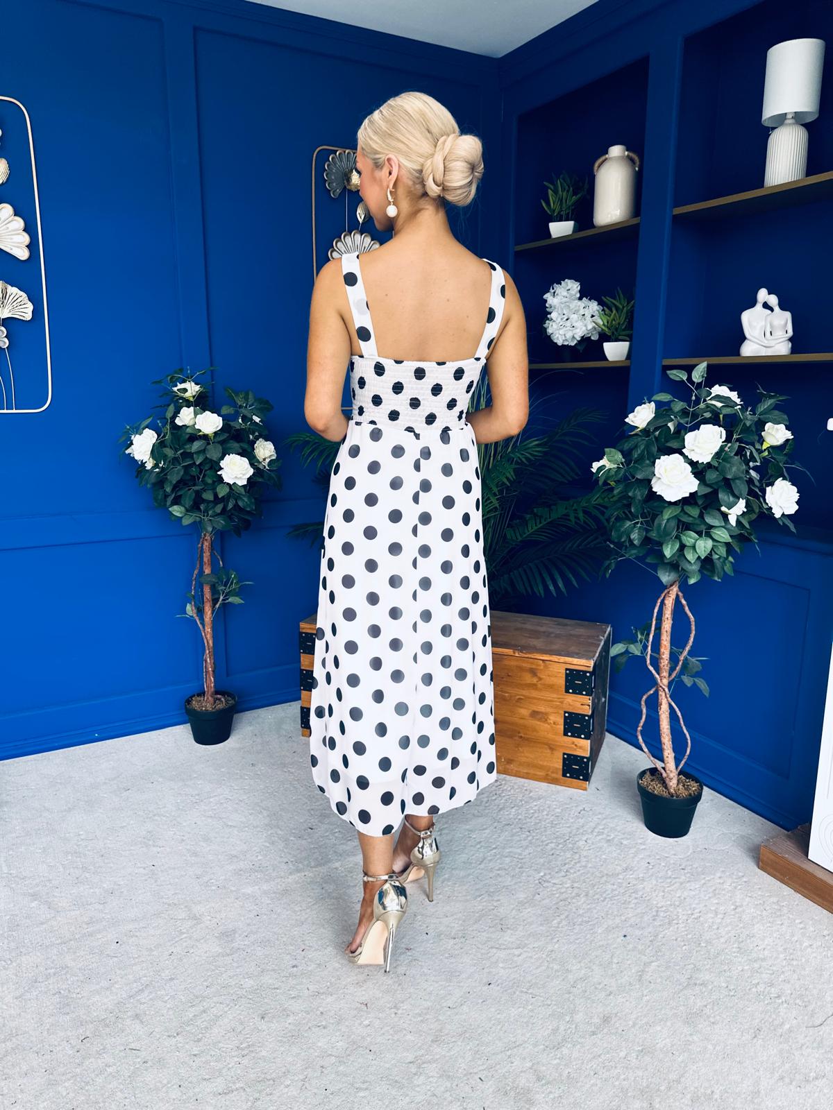 Nadia Sleeveless Midi Dress Polka White