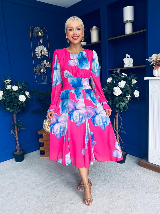 Kaylinn Banded Midi Dress Floral Cerise