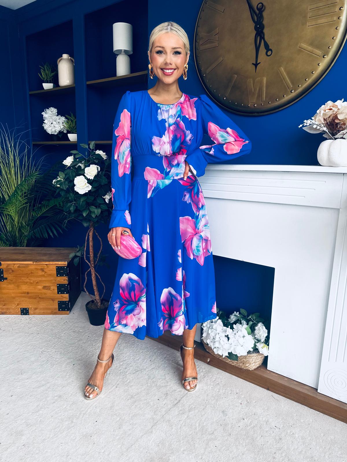 Kaylinn Banded Midi Dress Floral Cobalt