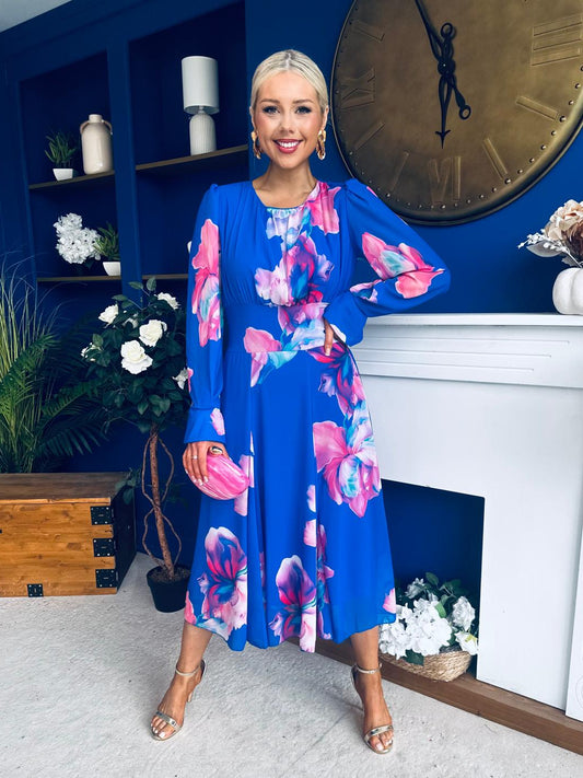 Kaylinn Banded Midi Dress Floral Cobalt