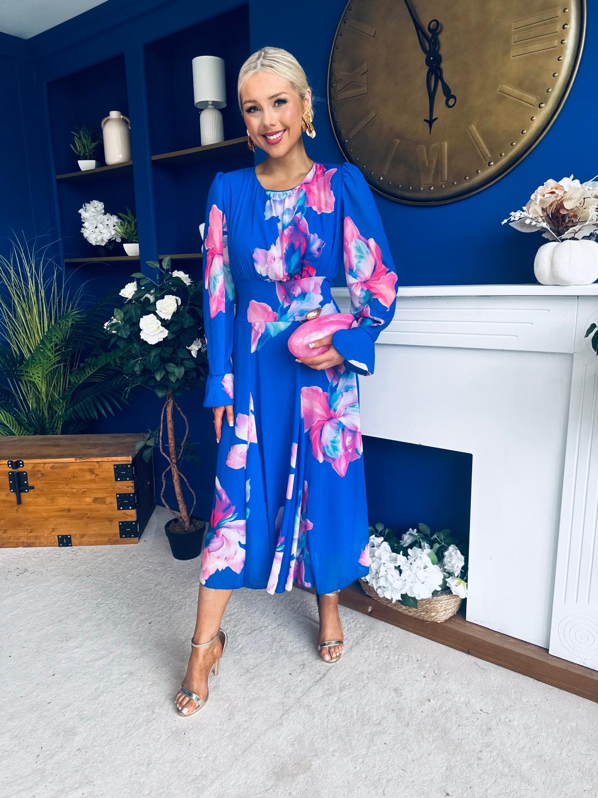 Kaylinn Banded Midi Dress Floral Cobalt
