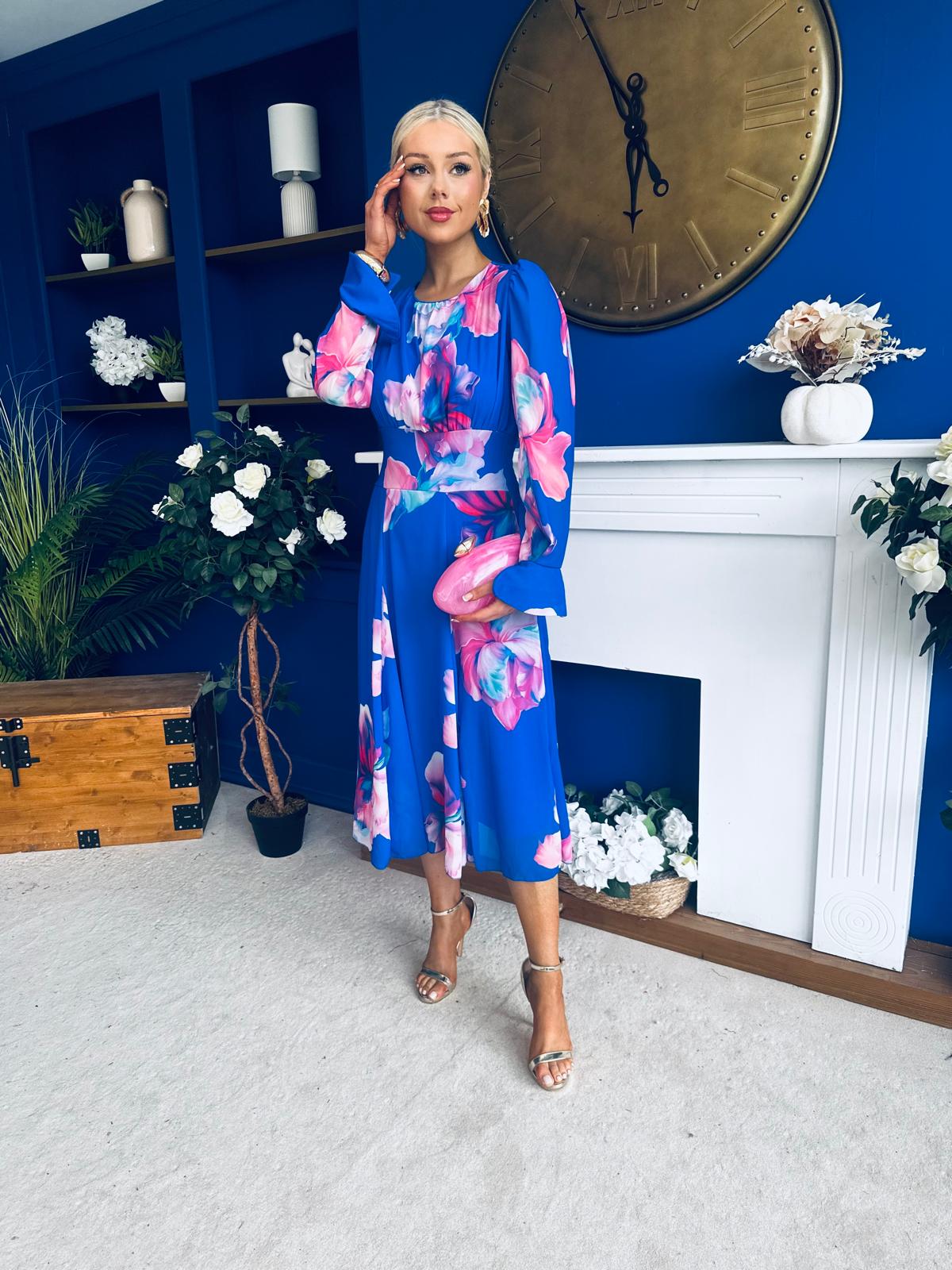 Kaylinn Banded Midi Dress Floral Cobalt