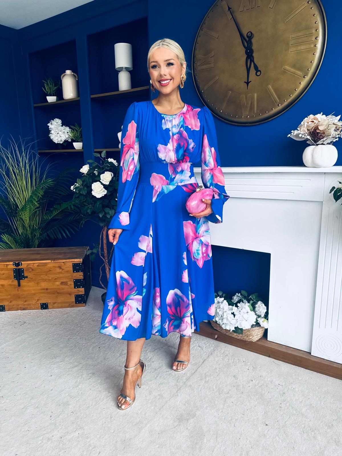 Kaylinn Banded Midi Dress Floral Cobalt
