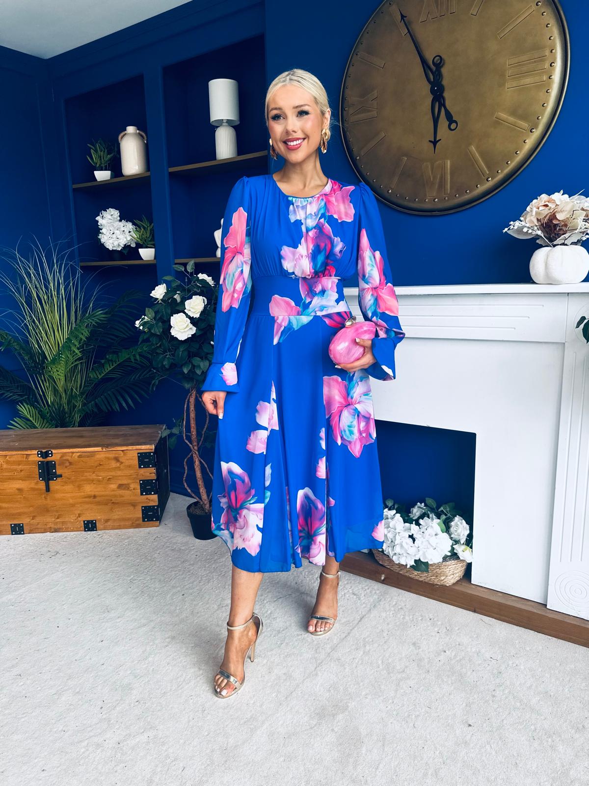 Kaylinn Banded Midi Dress Floral Cobalt