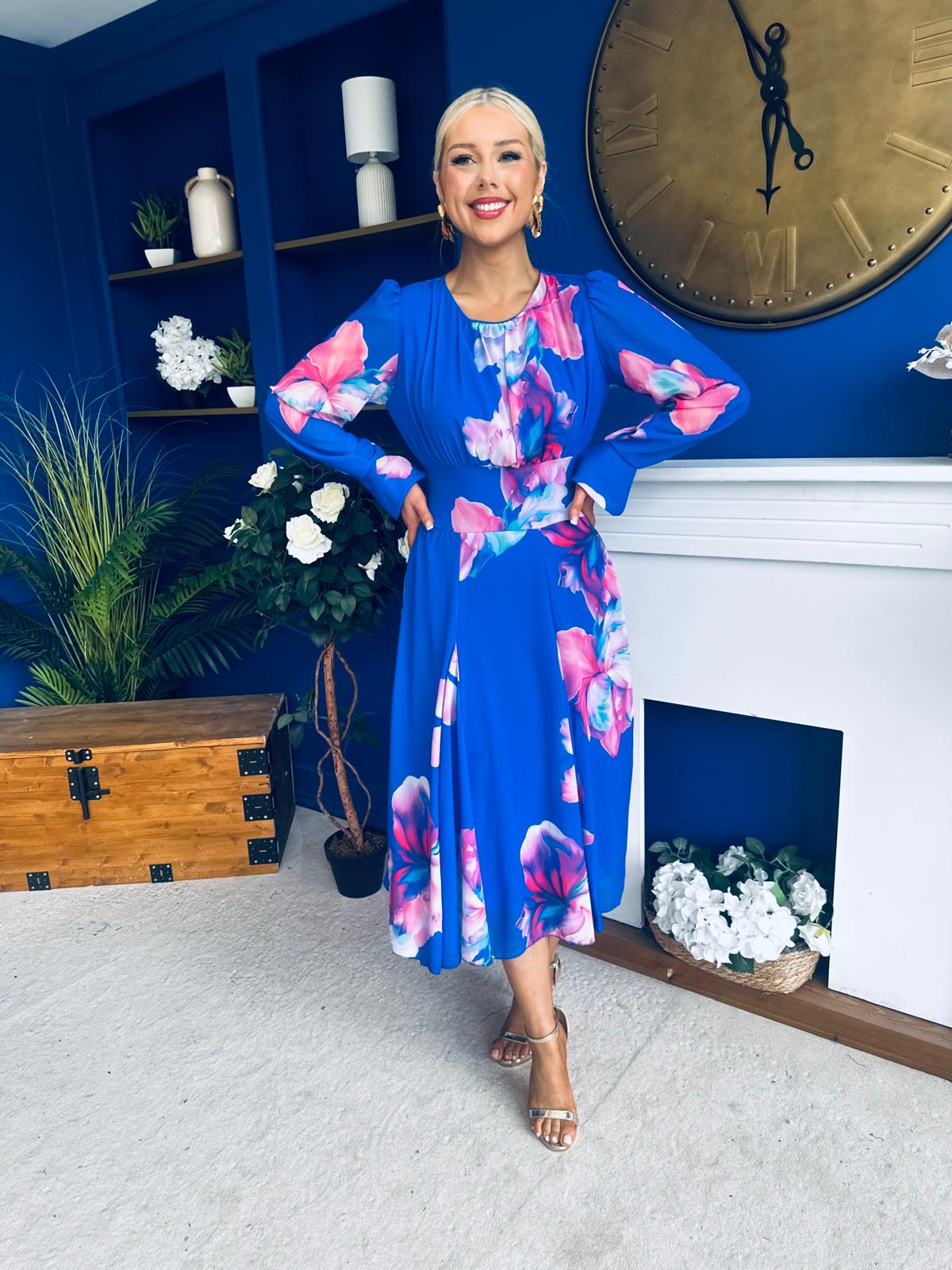Kaylinn Banded Midi Dress Floral Cobalt