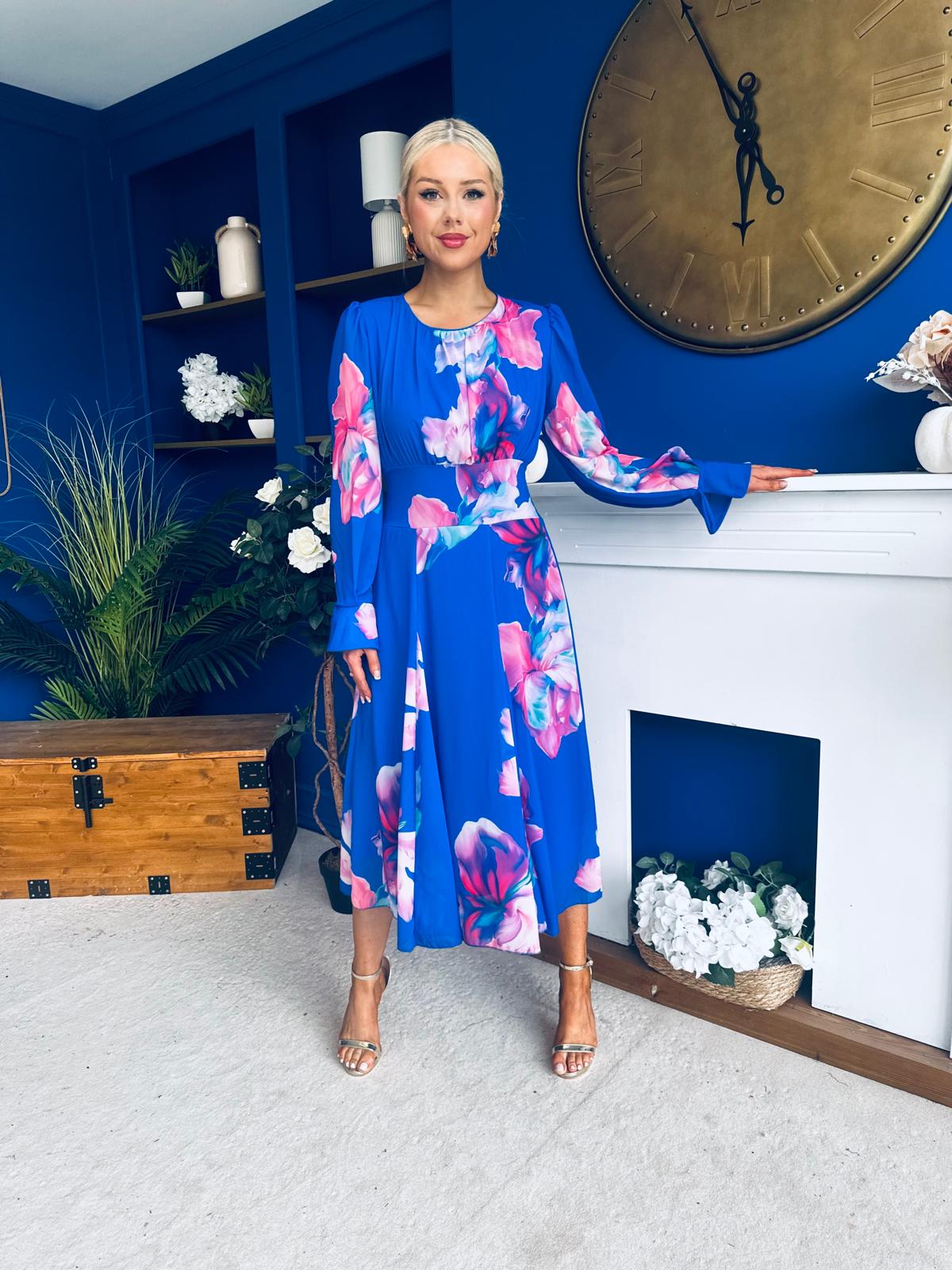 Kaylinn Banded Midi Dress Floral Cobalt