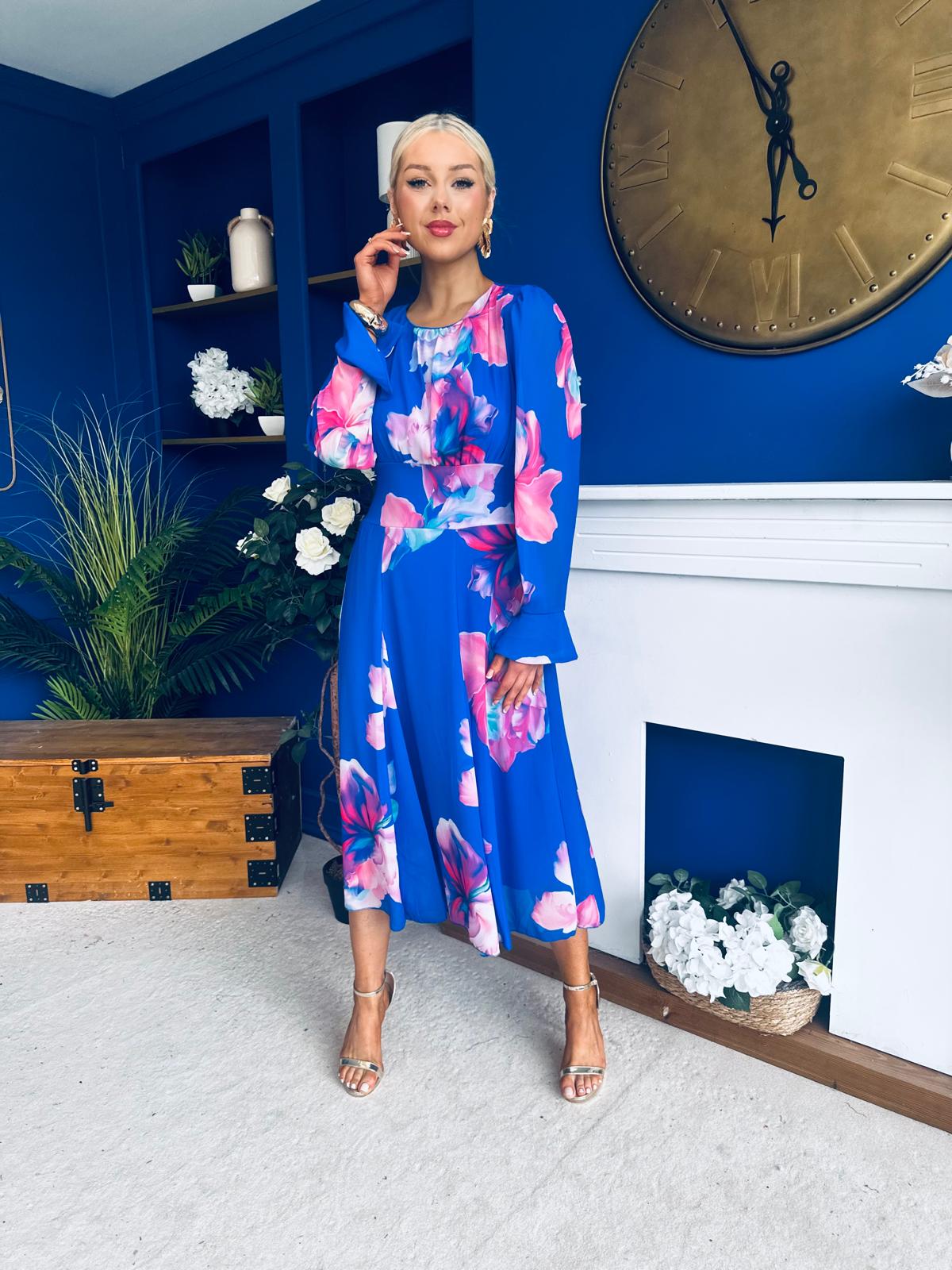 Kaylinn Banded Midi Dress Floral Cobalt