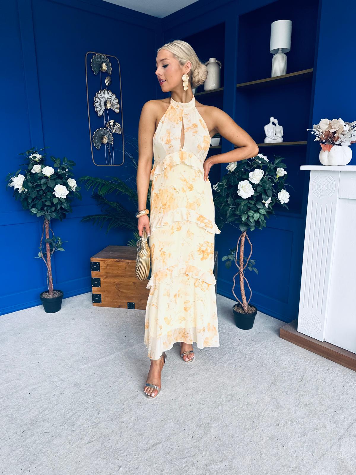 Terry Frill Trim Halterneck Dress Yellow