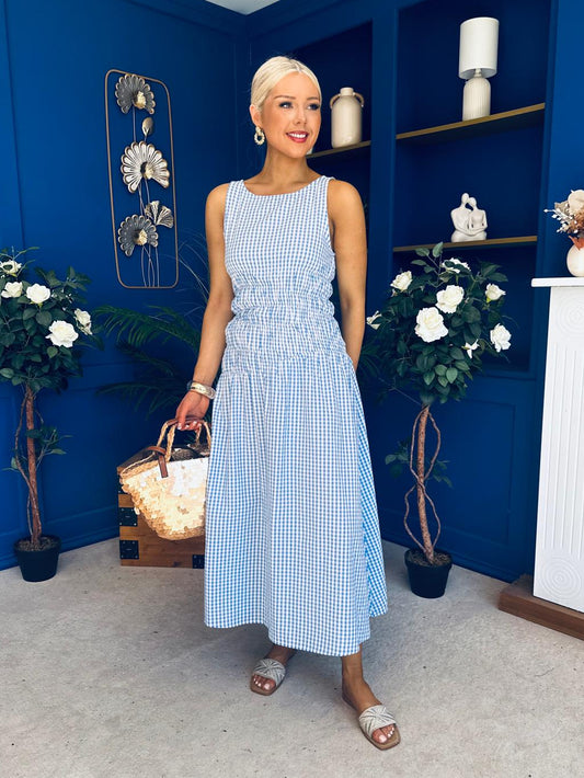 Fiona Sleeveless Midi Dress Check Blue