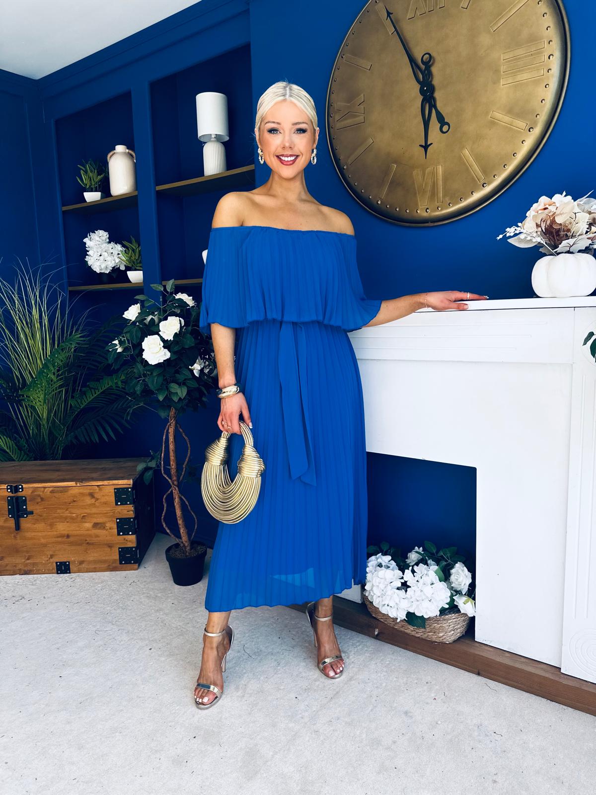 Aileen Pleated Bardot Midi Dress Cobalt