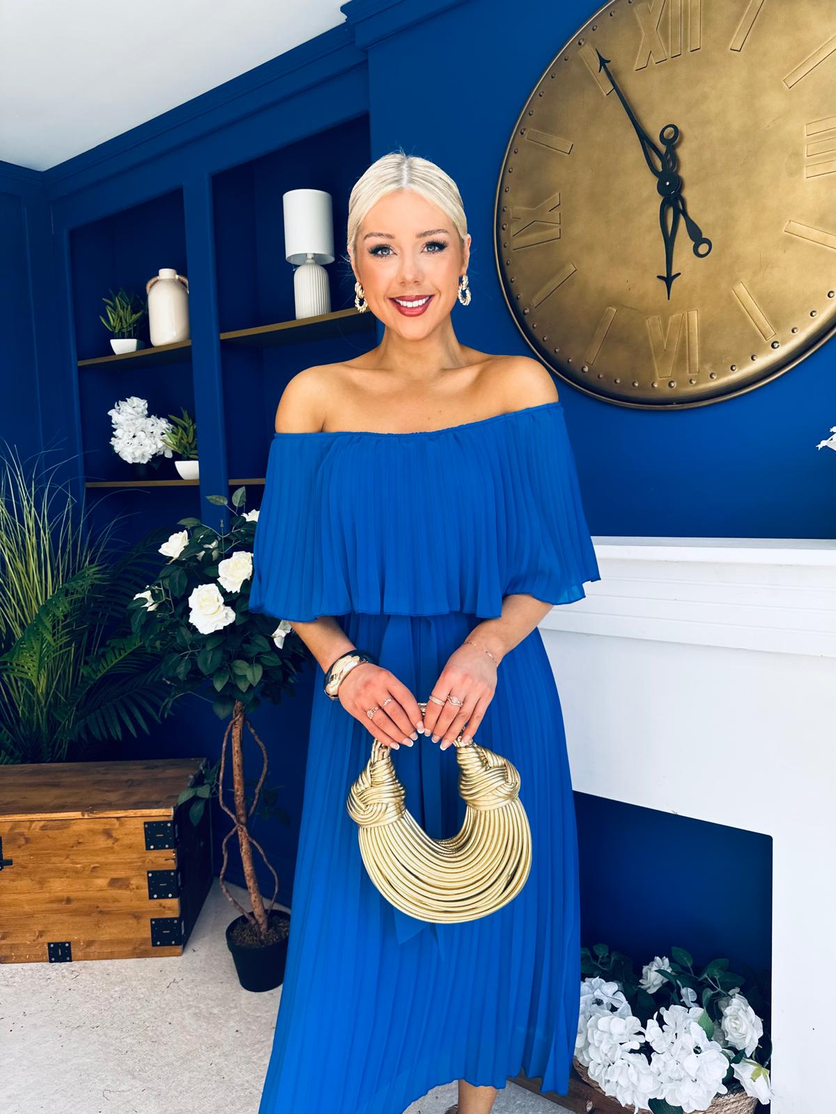 Aileen Pleated Bardot Midi Dress Cobalt