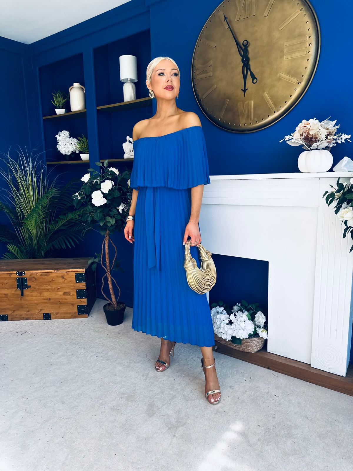 Aileen Pleated Bardot Midi Dress Cobalt