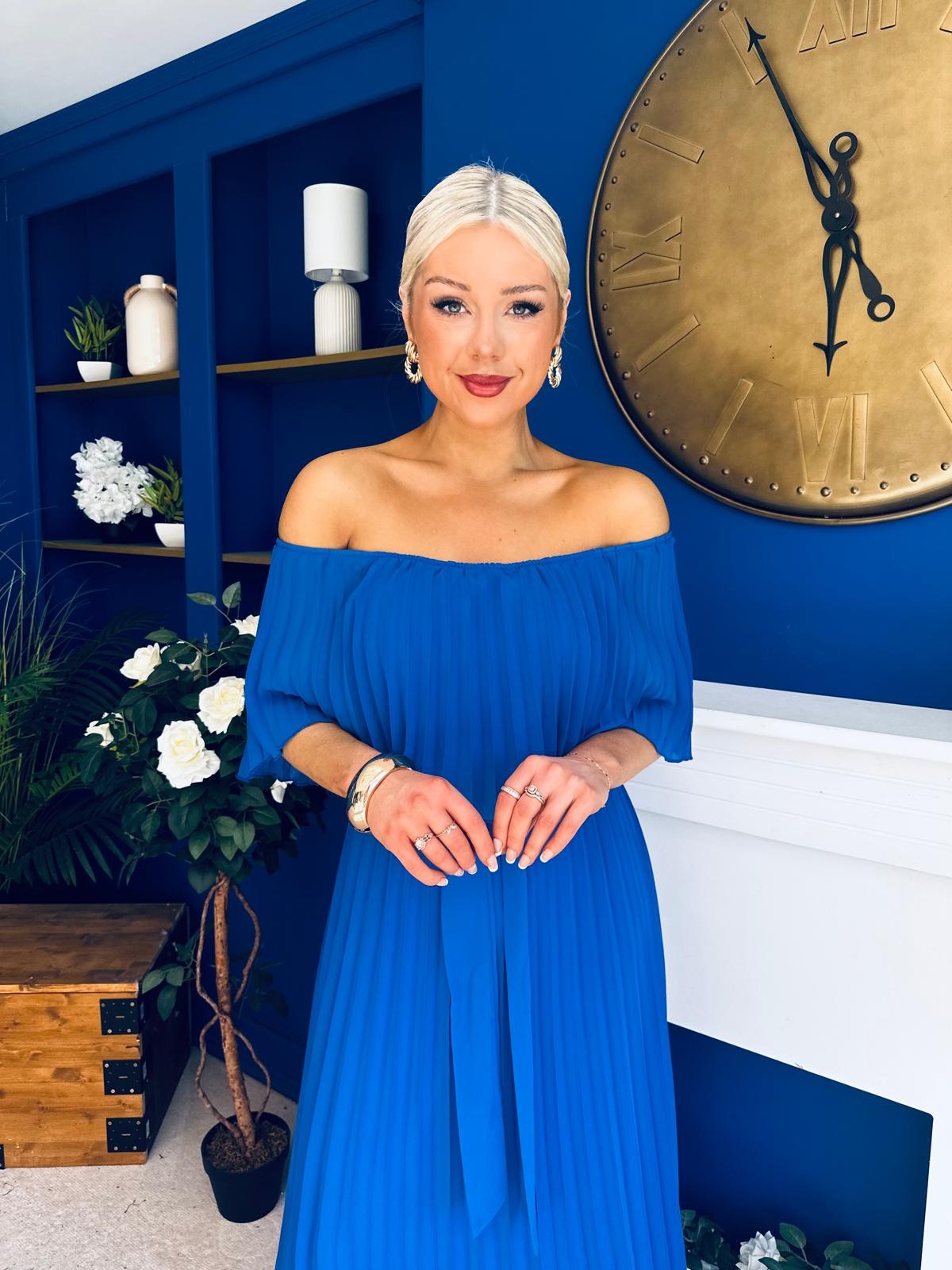 Aileen Pleated Bardot Midi Dress Cobalt
