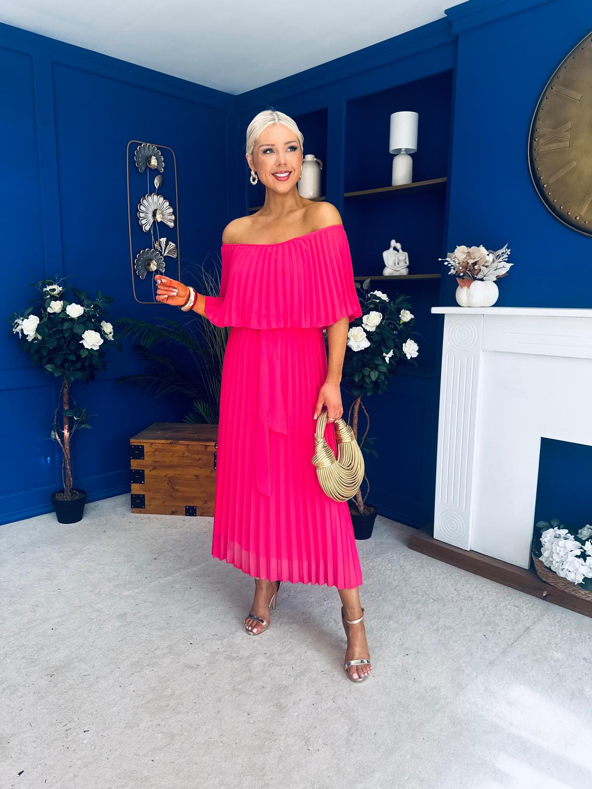 Aileen Pleated Bardot Midi Dress Hot Pink