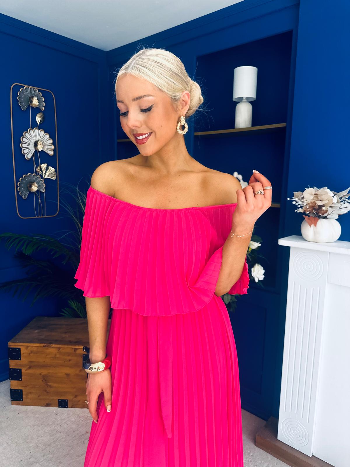 strapless open back dress Aileen Pleated Bardot Midi Dress Hot Pink – Canella Lane