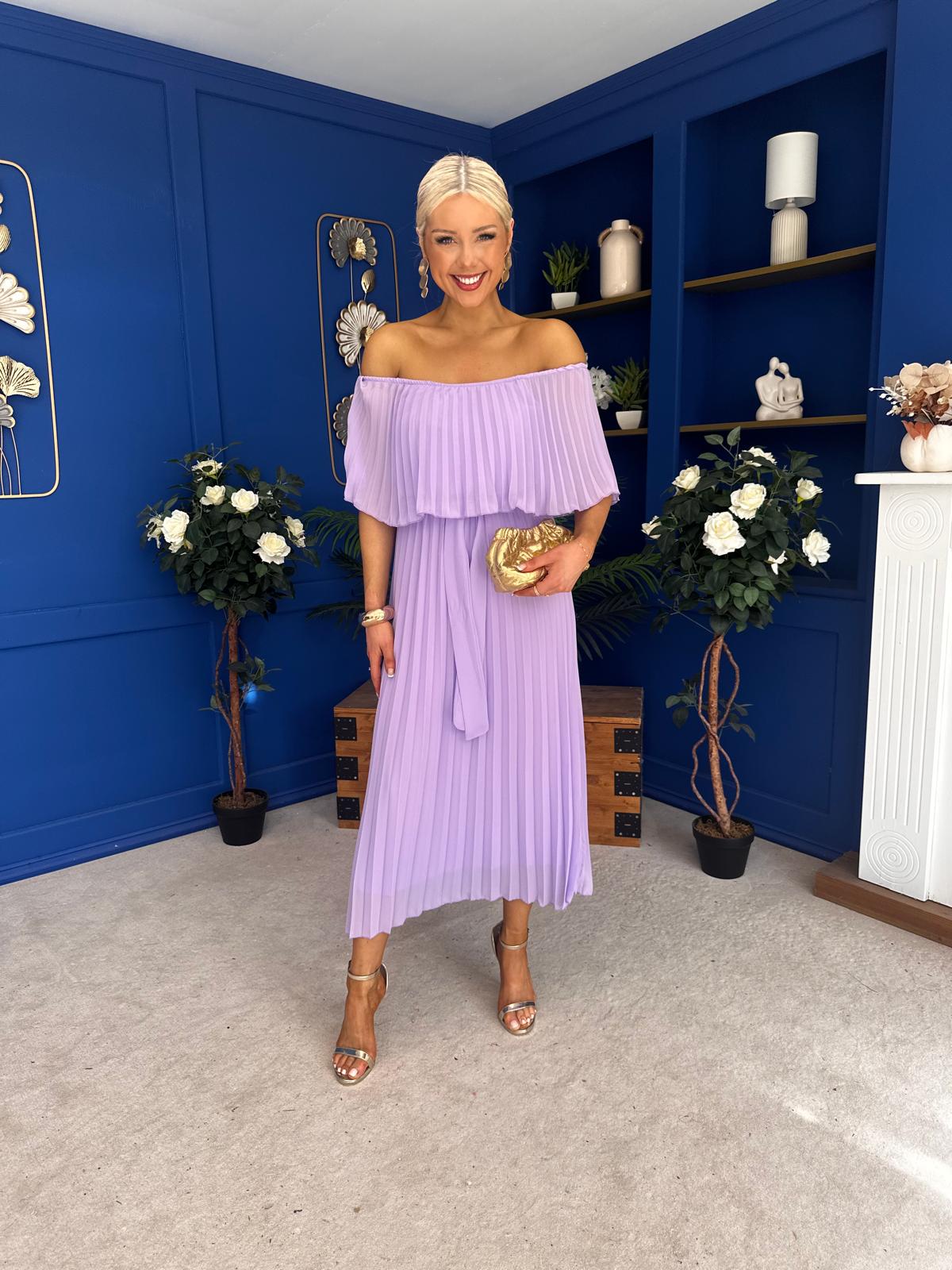 Aileen Pleated Bardot Midi Dress Lilac