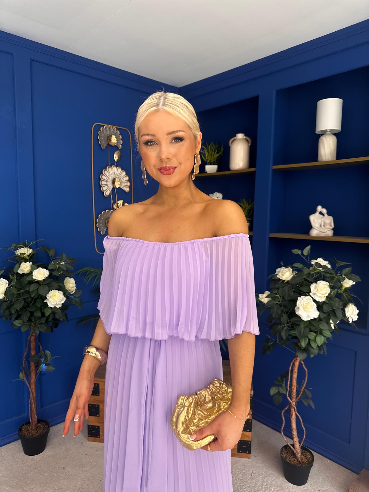 Aileen Pleated Bardot Midi Dress Lilac
