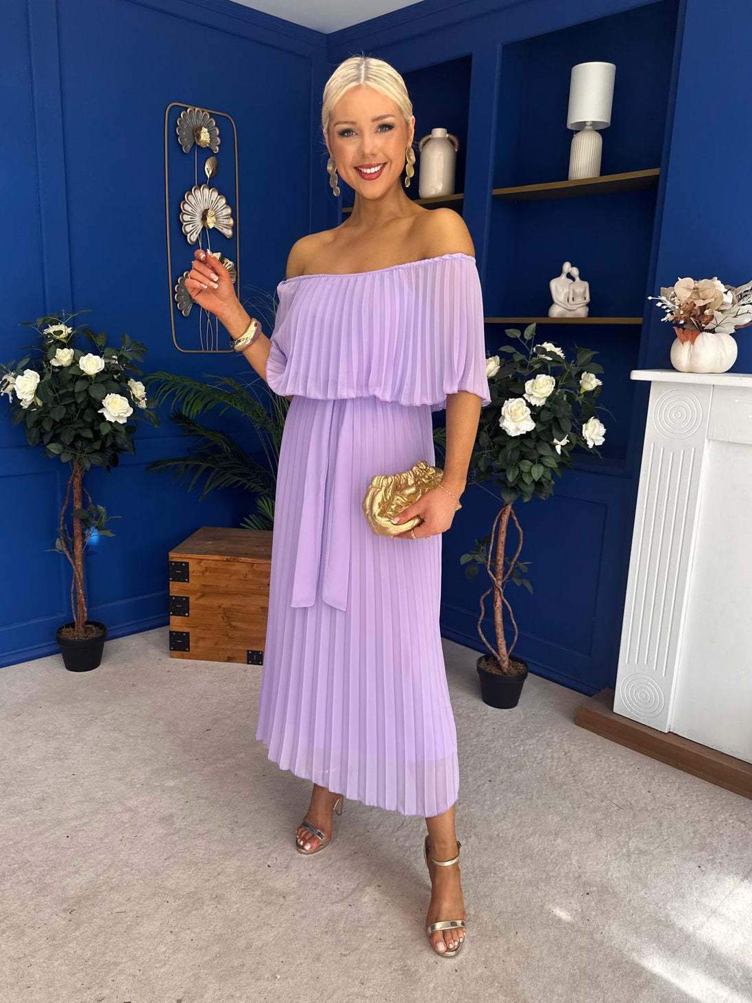 Aileen Pleated Bardot Midi Dress Lilac