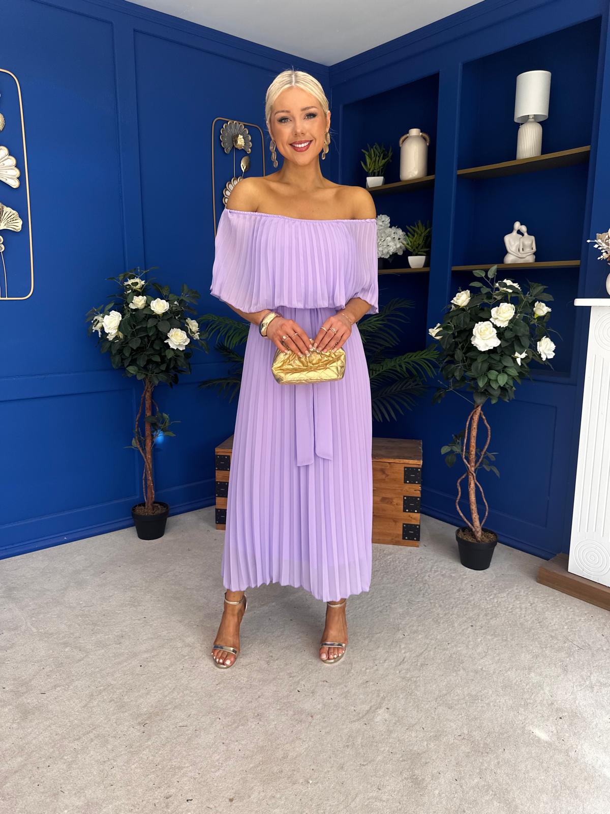 Aileen Pleated Bardot Midi Dress Lilac
