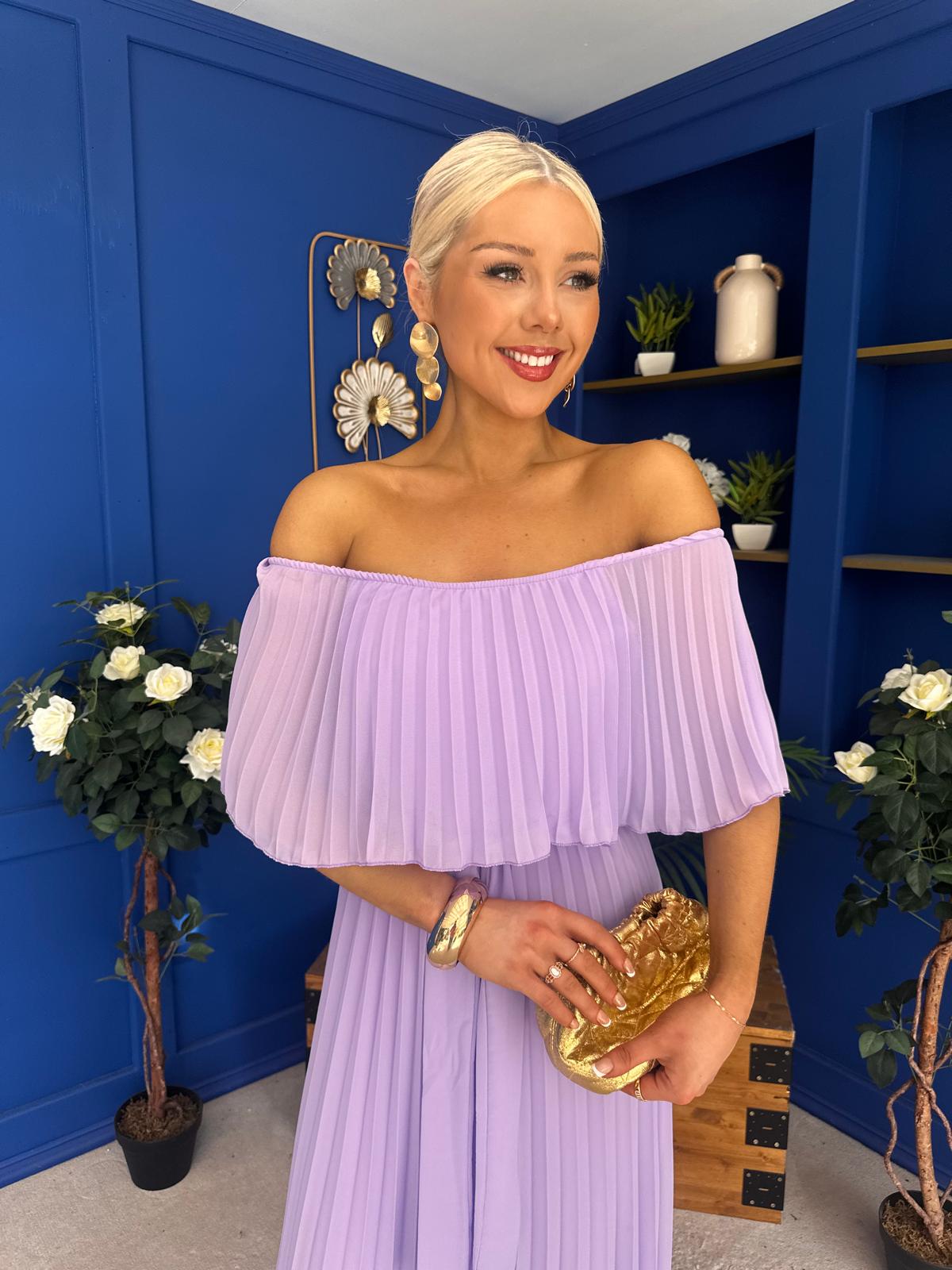 Aileen Pleated Bardot Midi Dress Lilac