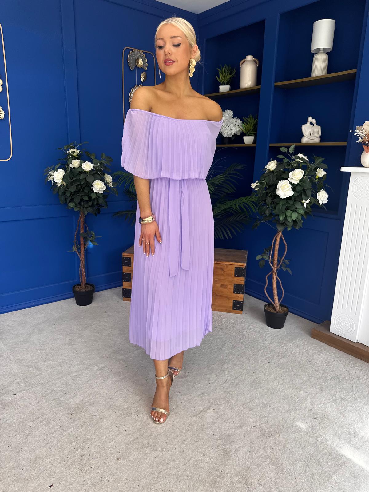 Aileen Pleated Bardot Midi Dress Lilac