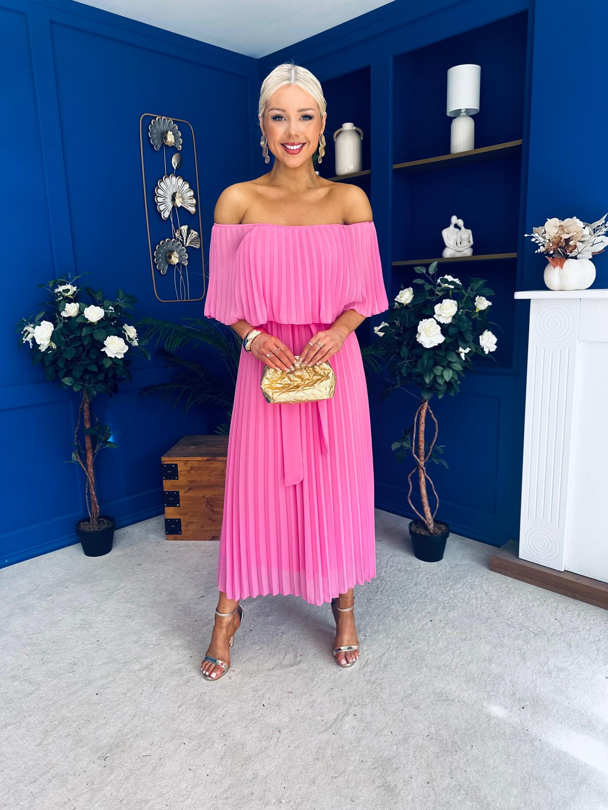 Aileen Pleated Bardot Midi Dress Cerise