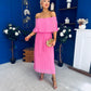 Aileen Pleated Bardot Midi Dress Cerise