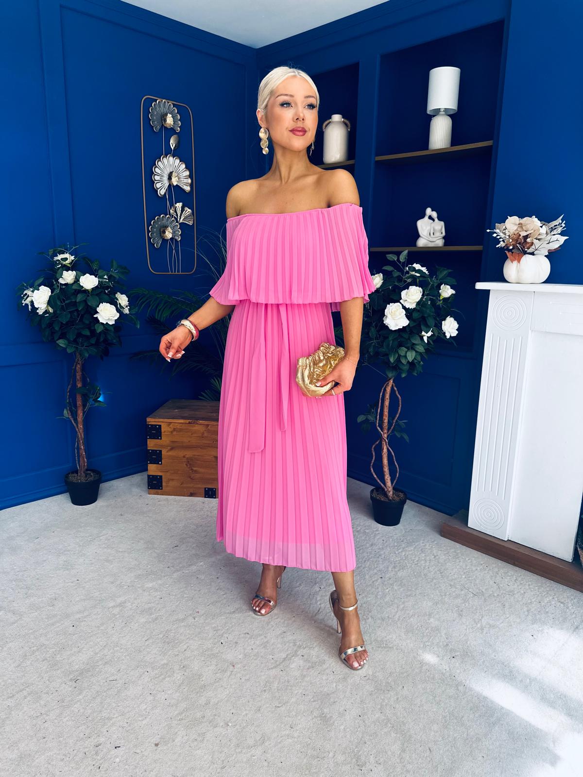 Aileen Pleated Bardot Midi Dress Cerise