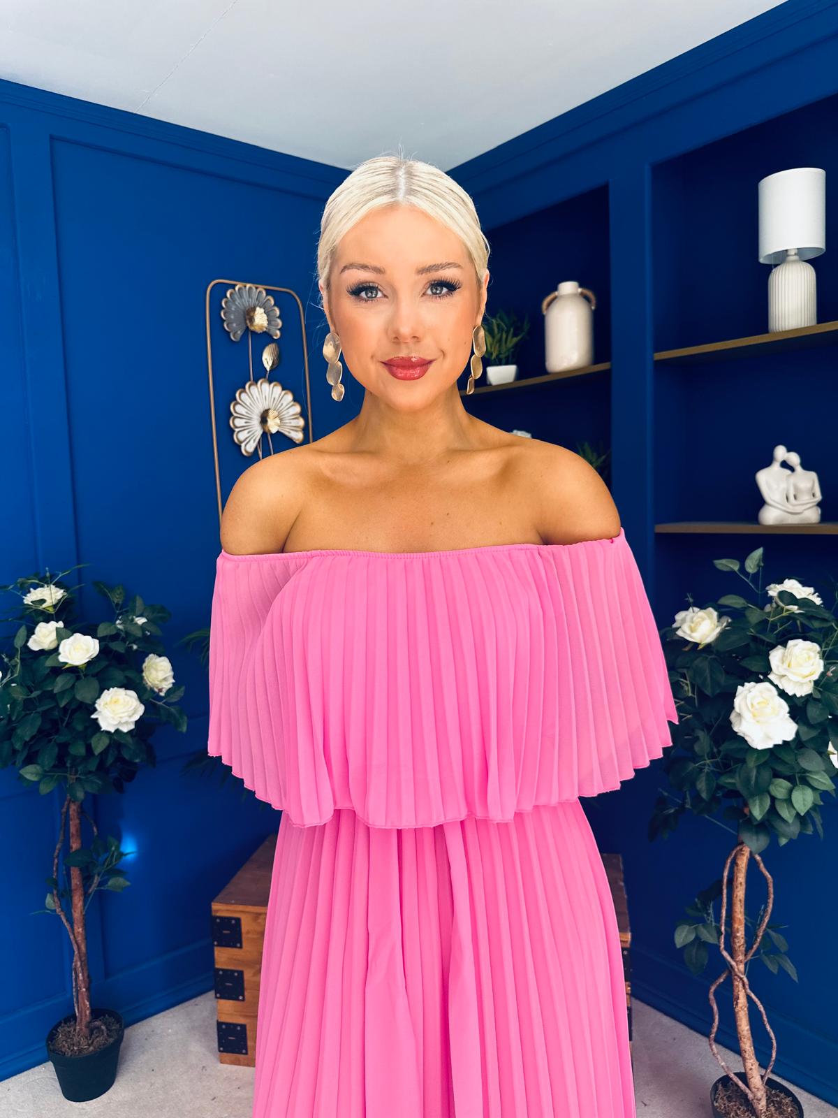 Aileen Pleated Bardot Midi Dress Cerise