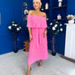 Aileen Pleated Bardot Midi Dress Cerise