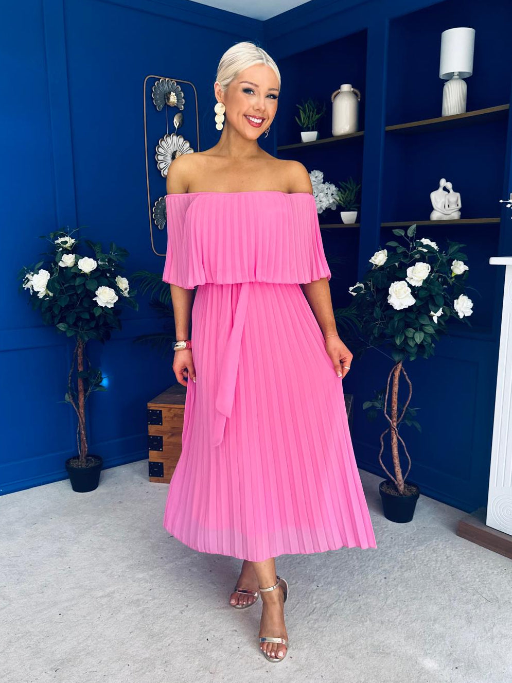 Aileen Pleated Bardot Midi Dress Cerise