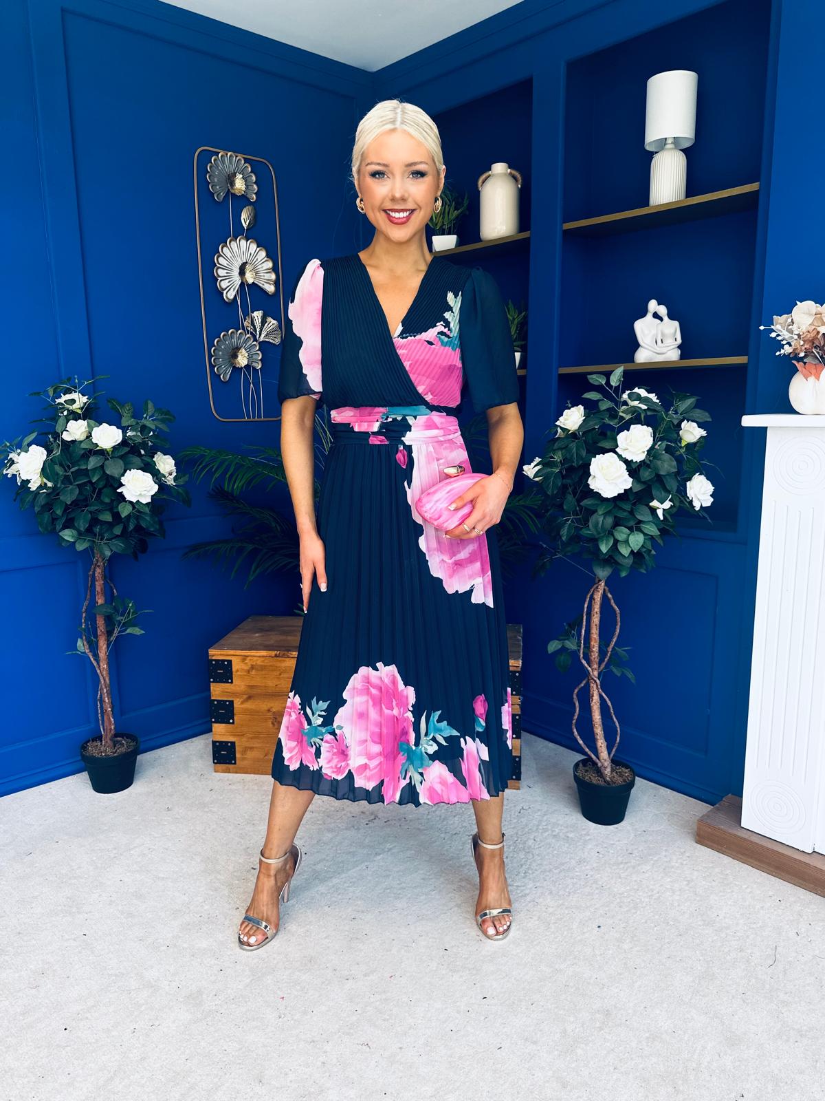 Saorlaith Pleated Midi Dress Floral Navy