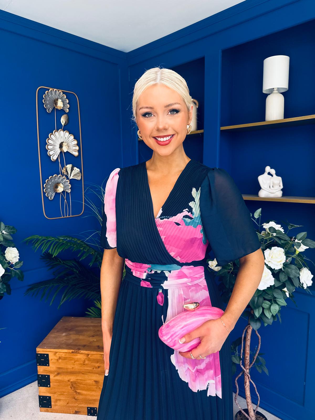 Saorlaith Pleated Midi Dress Floral Navy