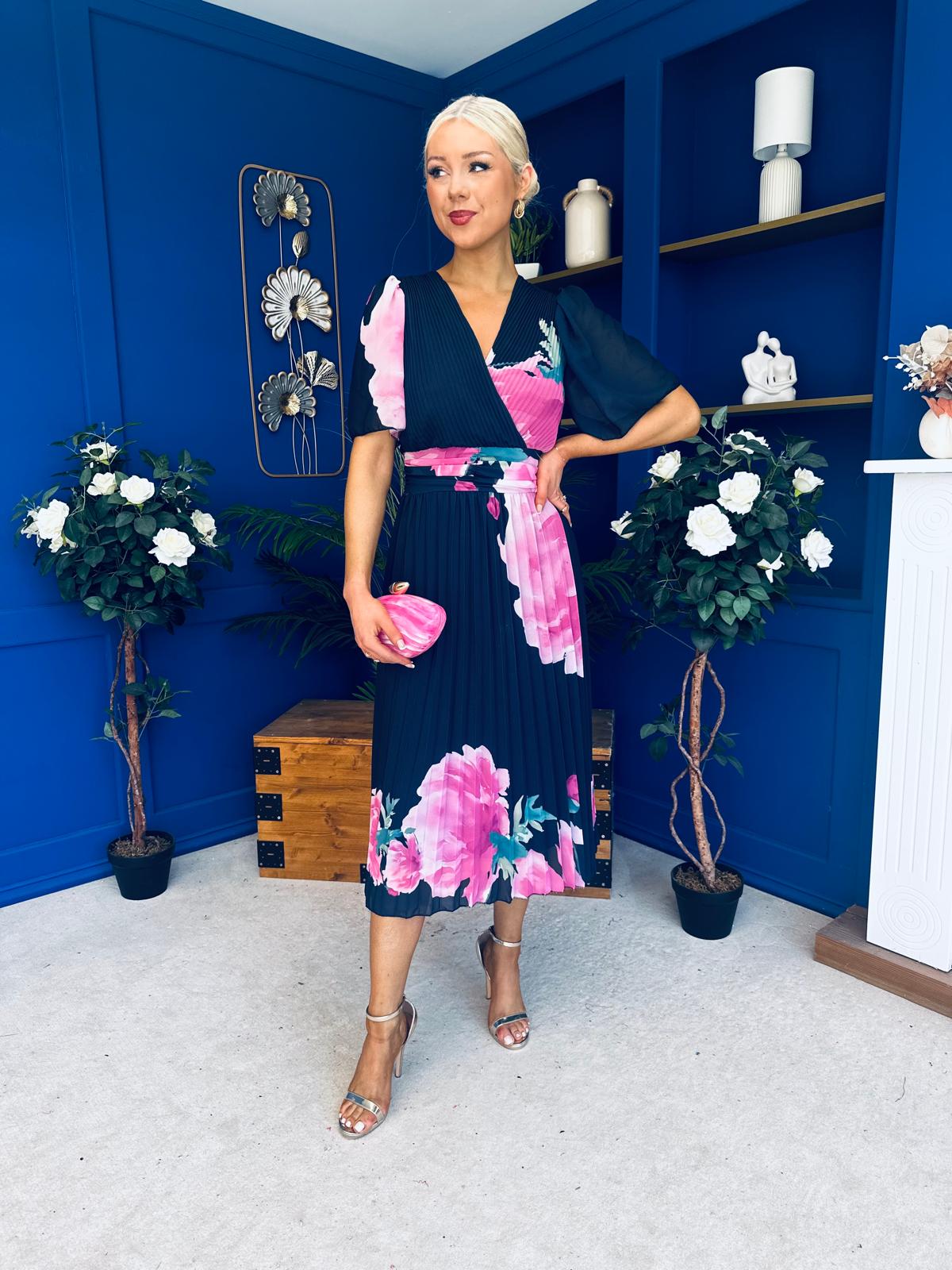 Saorlaith Pleated Midi Dress Floral Navy